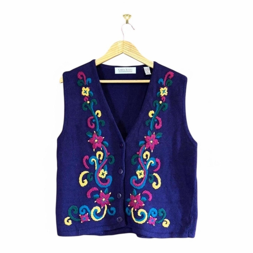 VTG Karen Scott Womens Medium Cottagecore Sweater Vest Embroidered Floral Purple - Picture 2 of 4